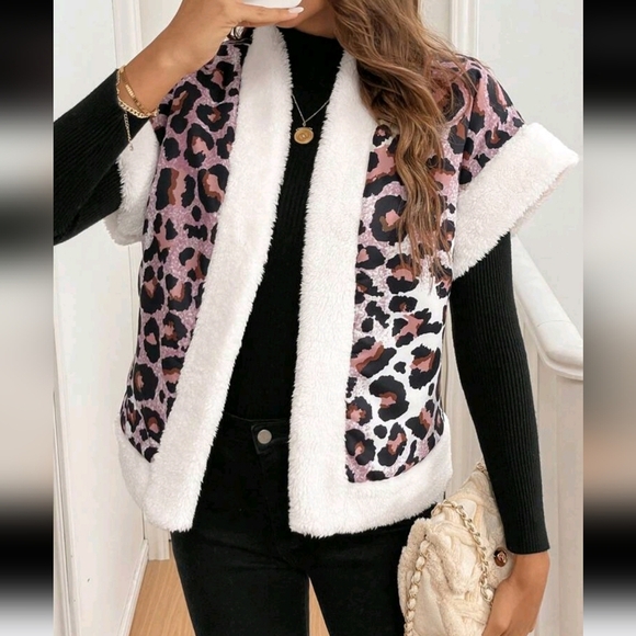 Leopard Print Plush Hem Thermal Lined Casual Sleeveless Jacket For Women - Picture 4 of 4